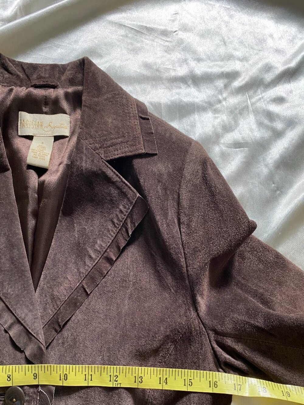 Vintage 1990s Parisian Chocolate Brown Suede Ruffle Blazer Small Boho Chic - Picture 4 of 8